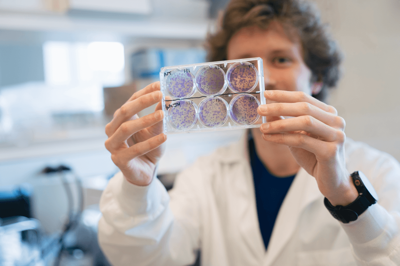 Goldwater award winning student showing petrie dishes of his cancer research 