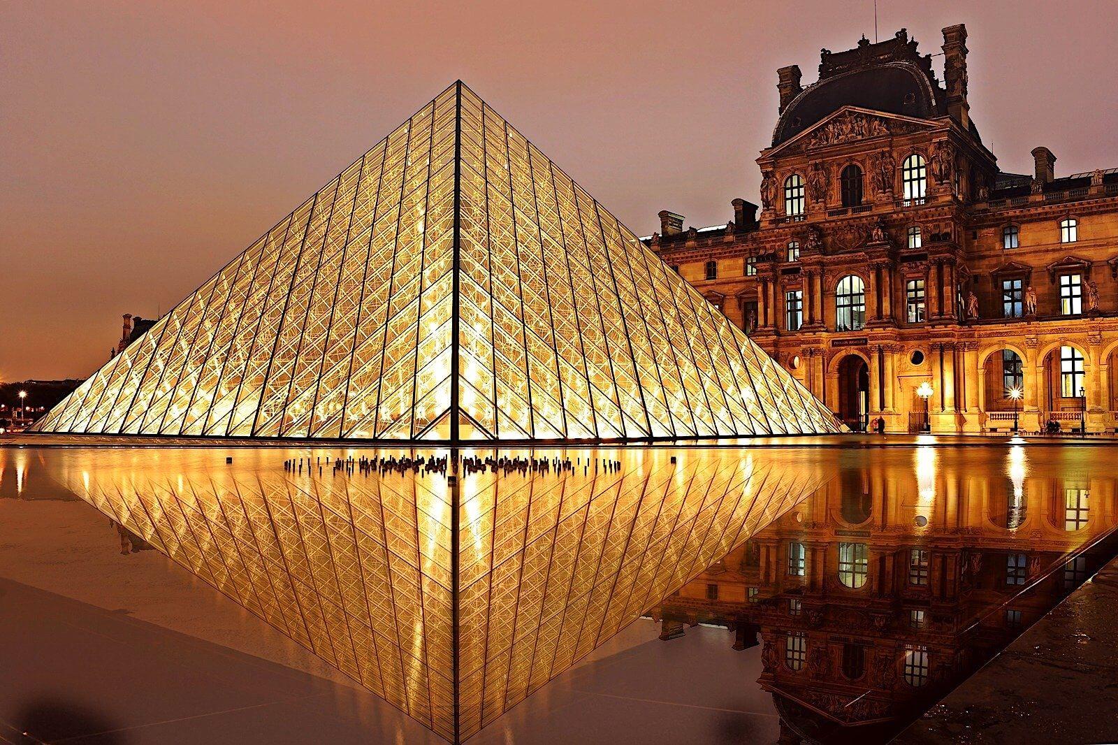 The Louvre in France light up at night.