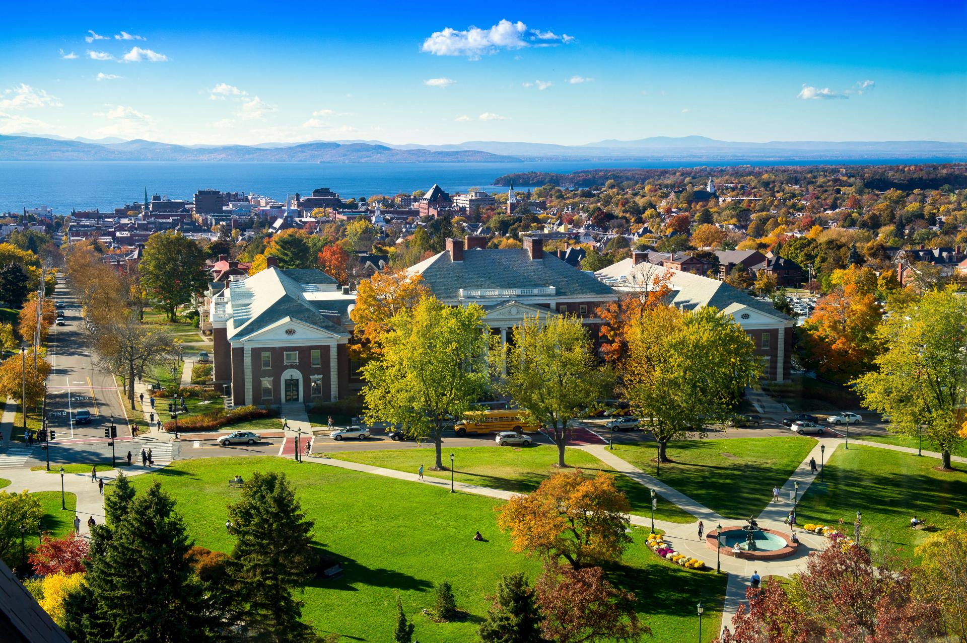 Bird's eye view of Waterman, University Green, downtown Burlington, and Lake Champlain