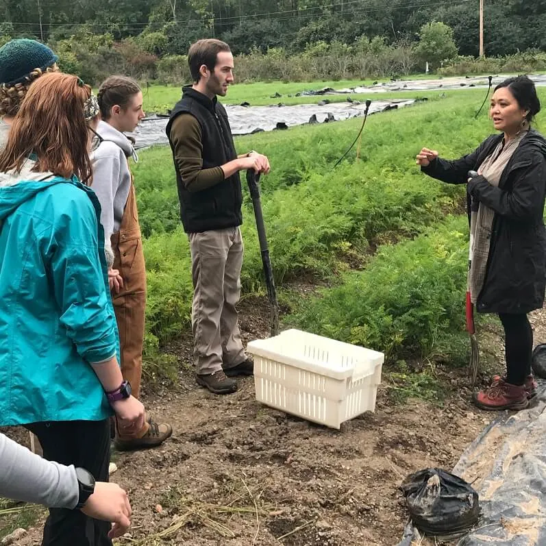 Students standing outside learning from an instructor about ecological processes on farms