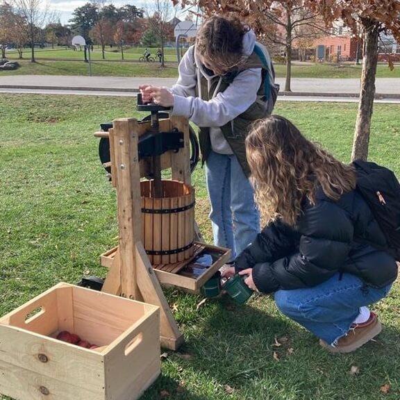 Students using an apple cider press.