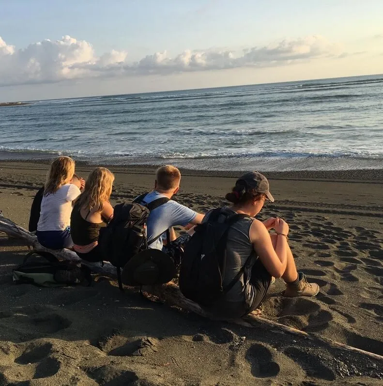 Five students sitting on a piece of wood on a beach