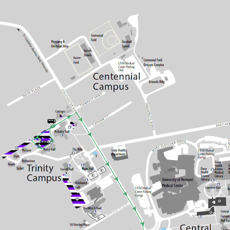 UVM campus map highlighting the resident purple parking locations