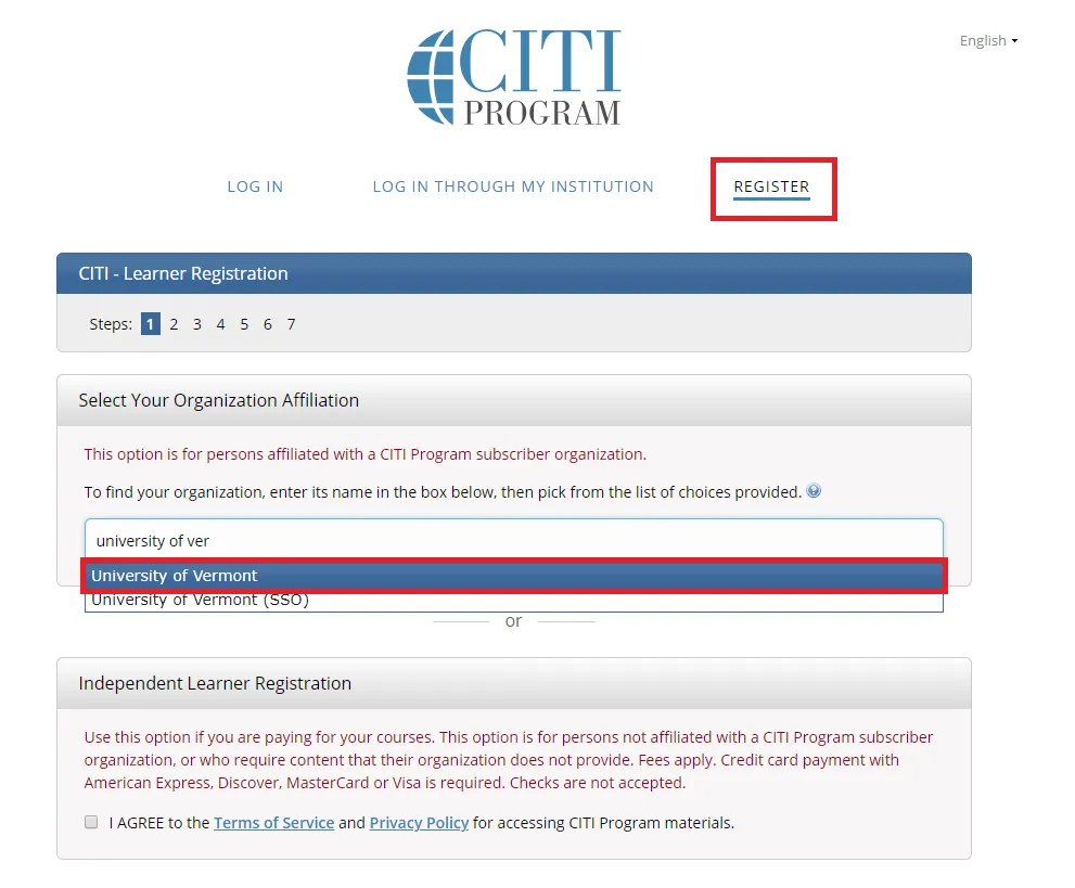 Diagram showing how to register CITI account without UVM Net ID