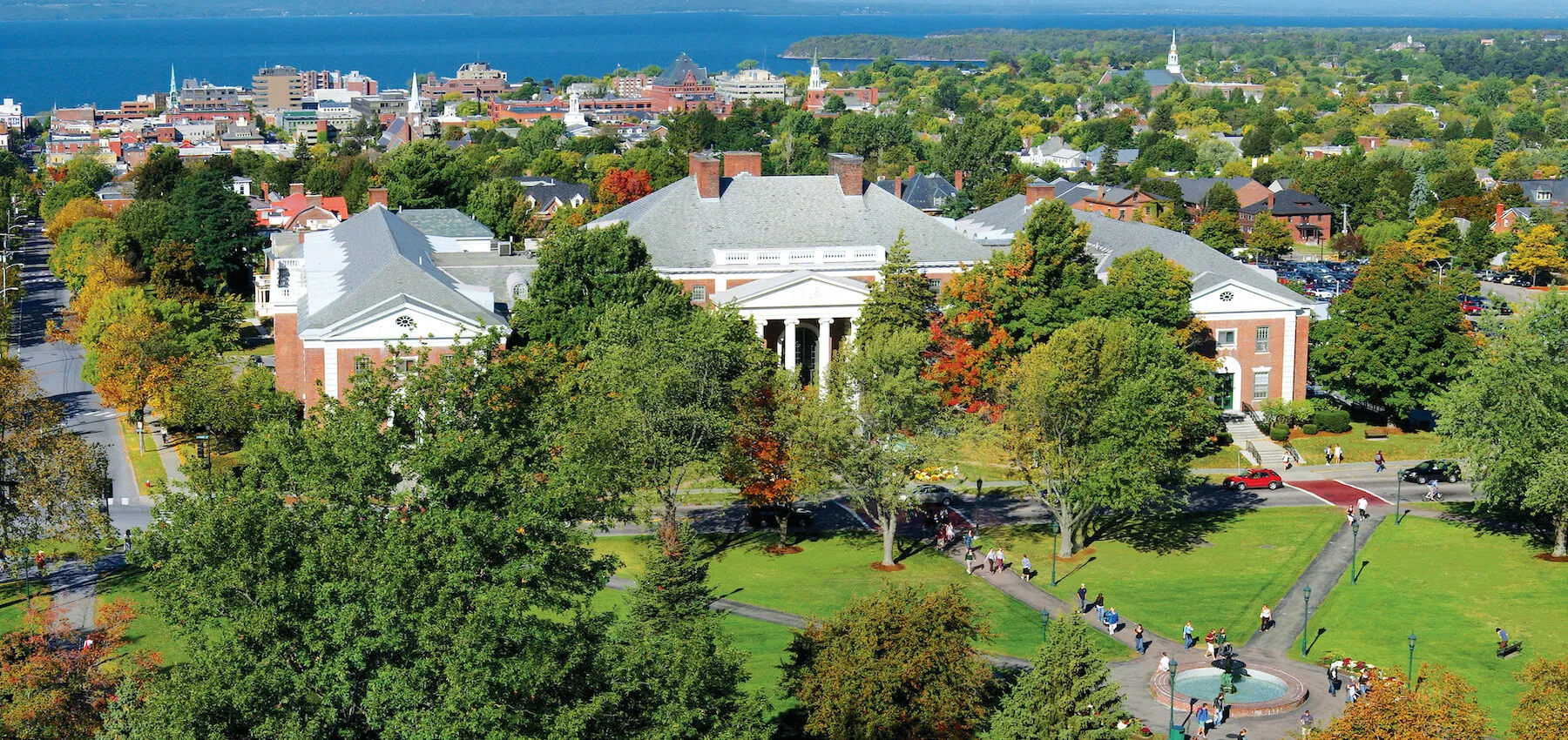 Aerial view of Waterman building and the city of Burlington. 
