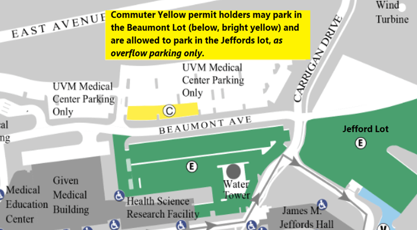 A map showing the Beaumont parking lot for 3rd and 4th year med students at UVM