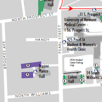 parking map showing Jeanne Mance resident purple parking for students at UVM