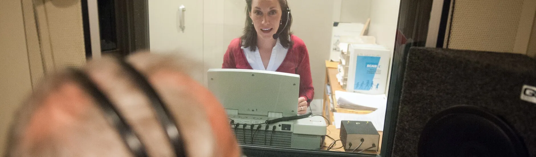 Prof. Liz Adams with client in Luse clinic sound booth
