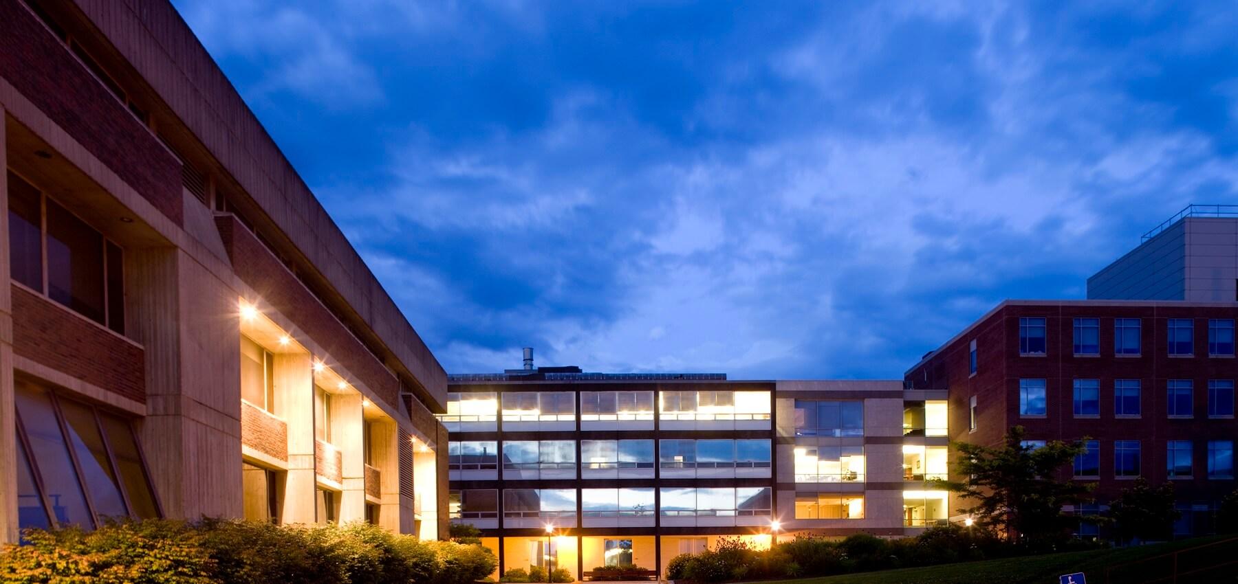 college buildings at dusk