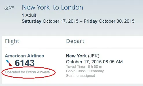 Fly America Act example ticket with "Operated by British Airways" circled in red