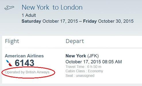 Fly America Act example ticket with "Operated by British Airways" circled in red