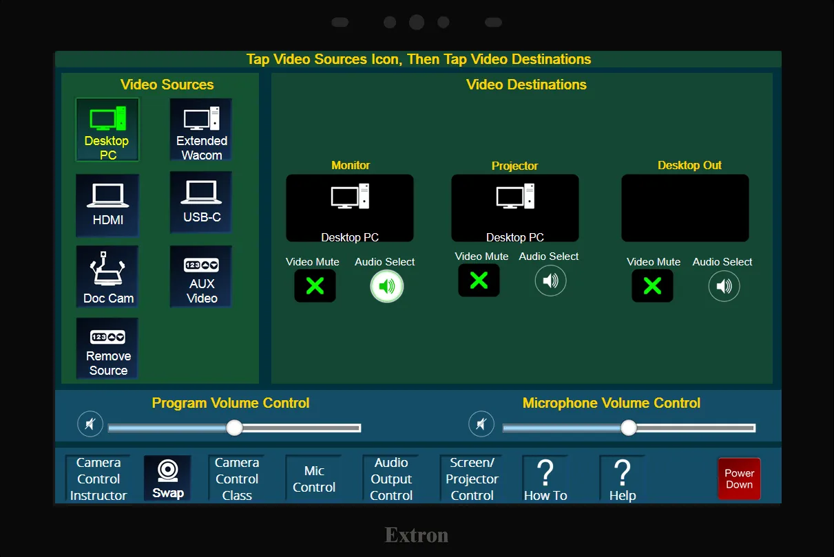Extron panel showing selections