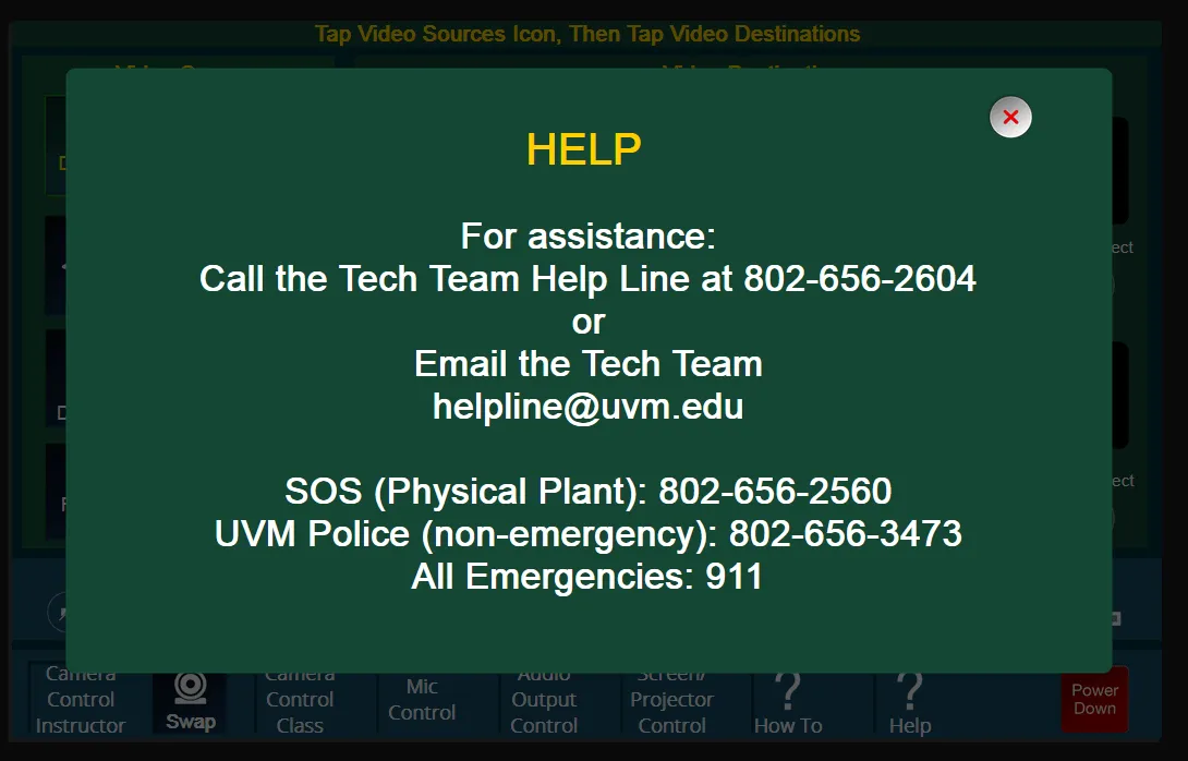 Extron panel showing help info