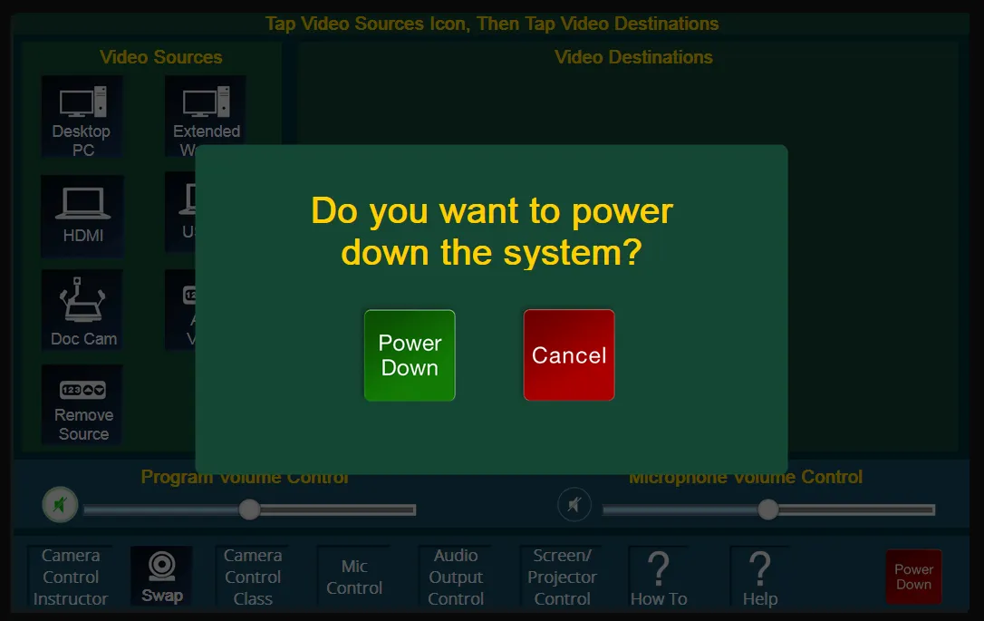 Extron panel showing power-down selections