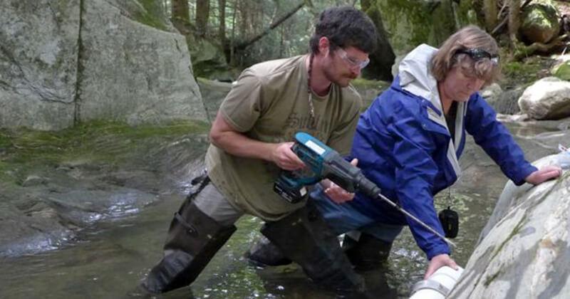 Water researchers working in a stream