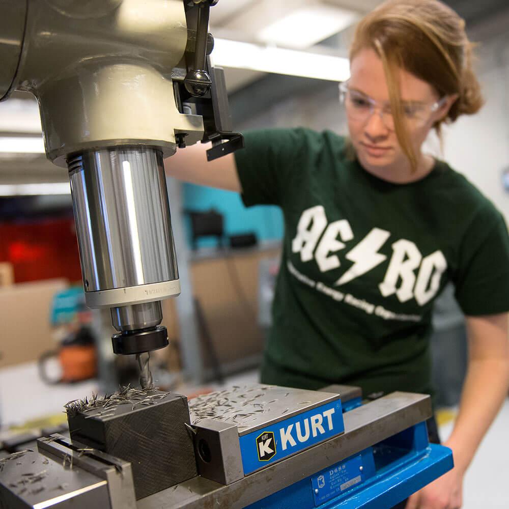 A Mechanical Engineering student at work in the CEMS Machine Shop