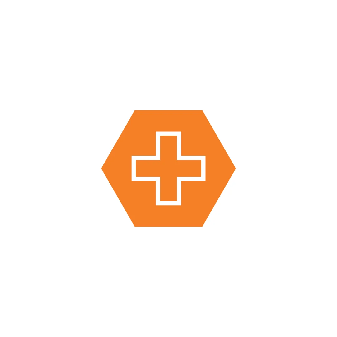 an orange hexagon with a white plus sign in the center