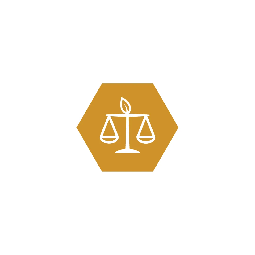 a dark yellow hexagon with stylized white weighing scale in the center
