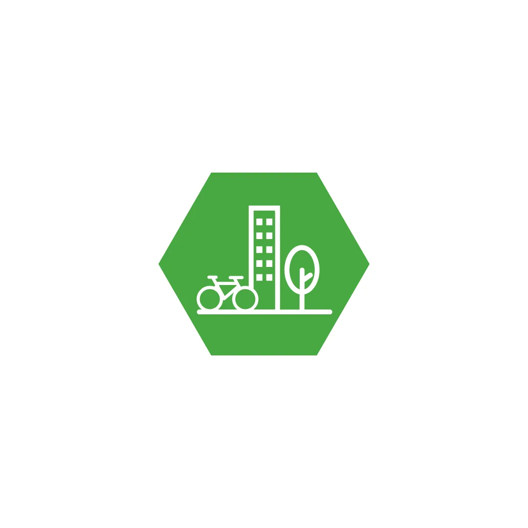 a green hexagon with white outlines of a stylized bicycle, building, and tree in the center