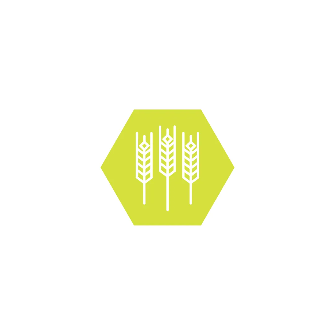 a greenish-yellow hexagon with white stylized wheat design in center