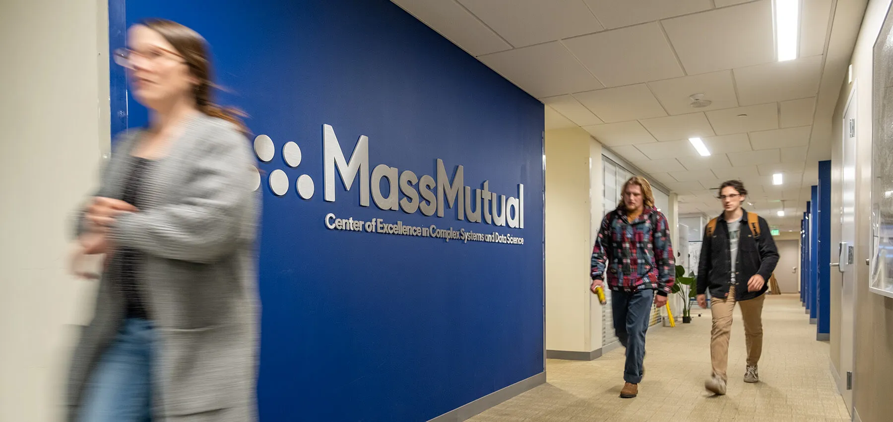 Students pass through the MassMutual Center of Excellence in Complex Systems and Data Science