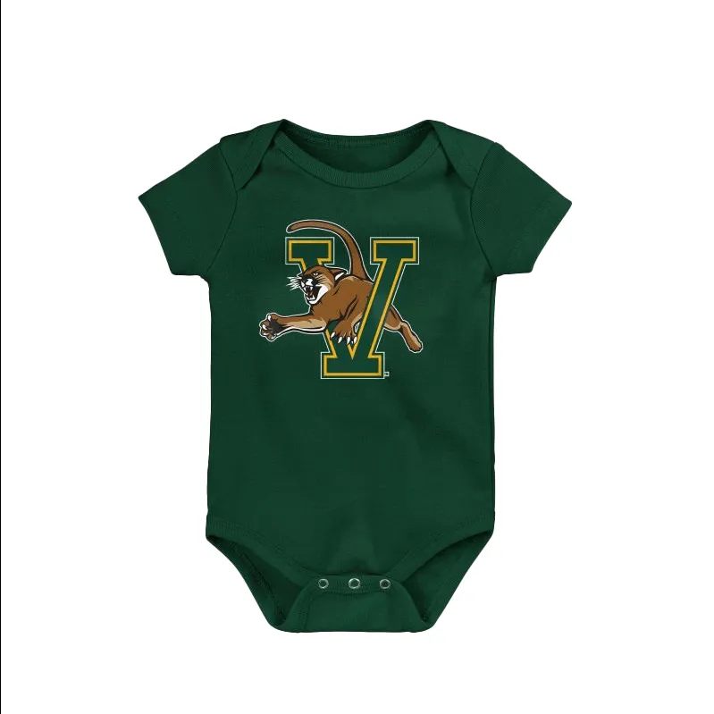 Green infant diaper shirt in with the UVM Athletics logo in the center