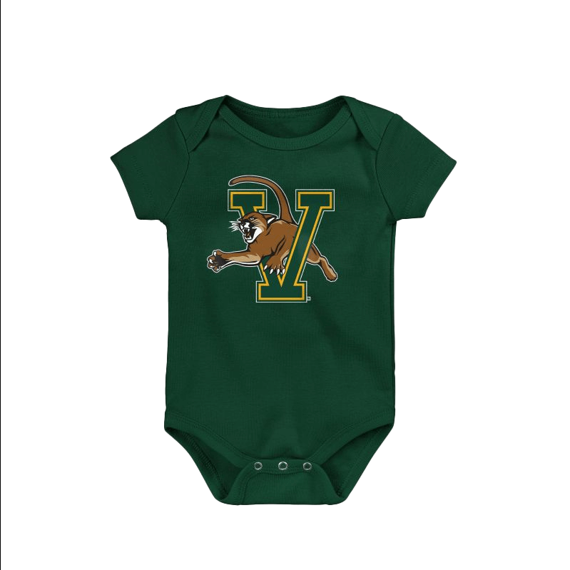 Green infant diaper shirt in with the UVM Athletics logo in the center