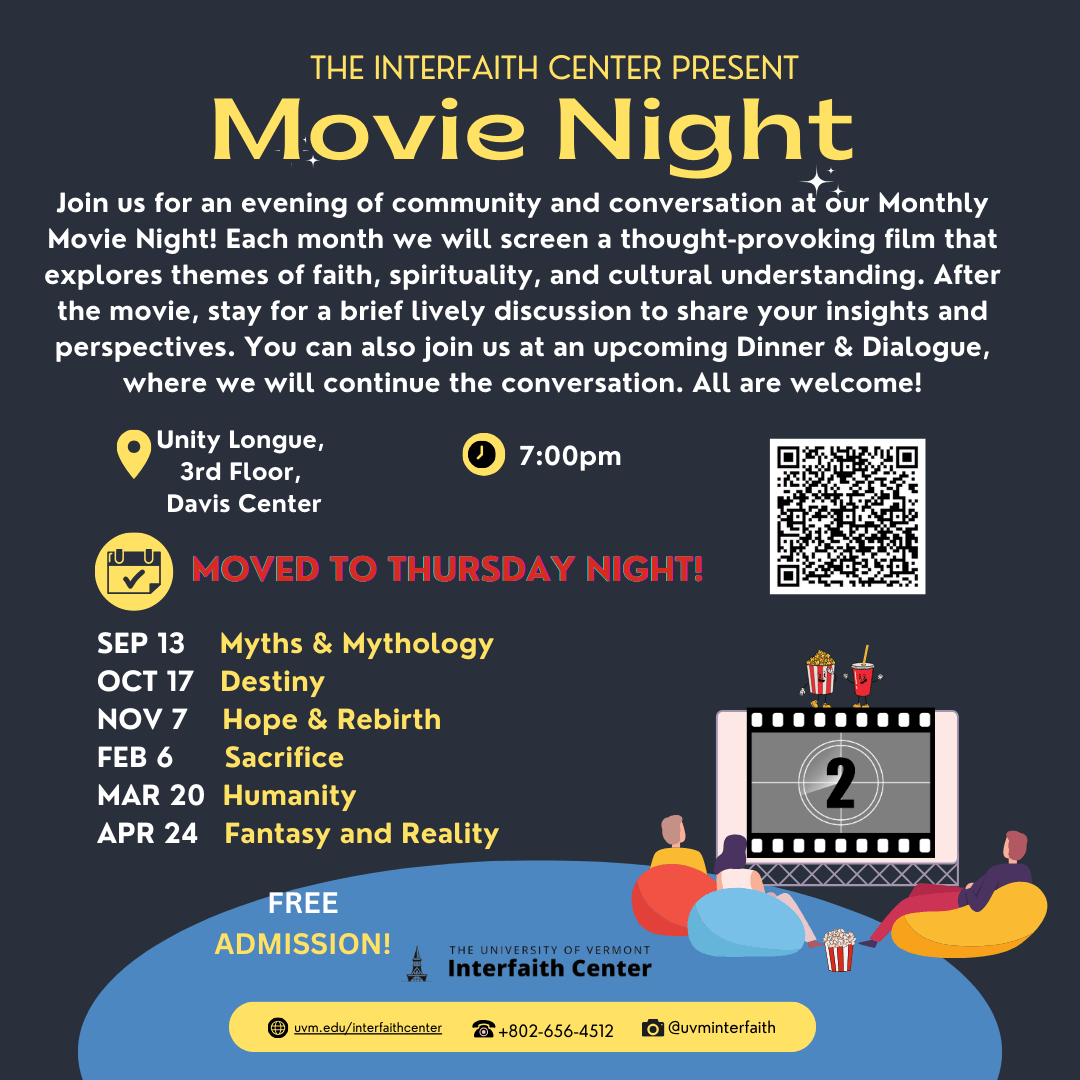 It is a navy blue movie night poster with dates and program information