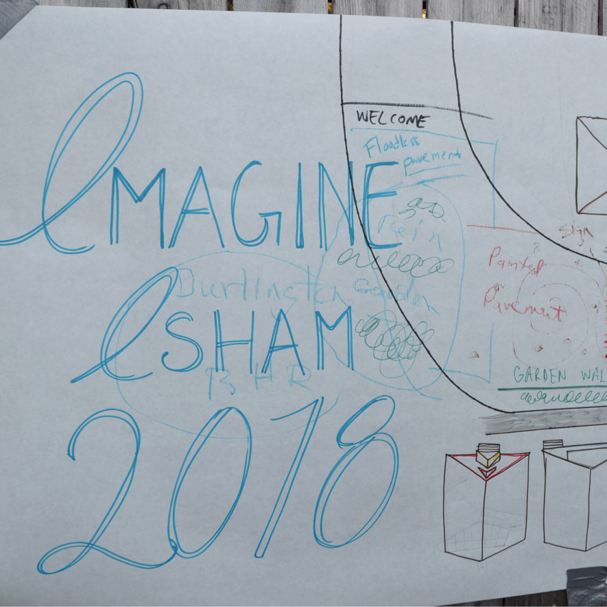 Hand-drawn map of Isham Street with text that reads, "Imagine Isham 2018".