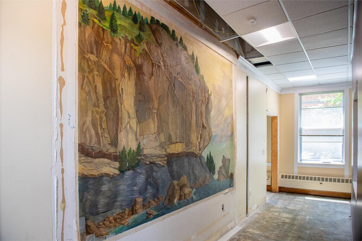 Mural of the Champlain Thrust geologic feature painted by Raymond Pease
