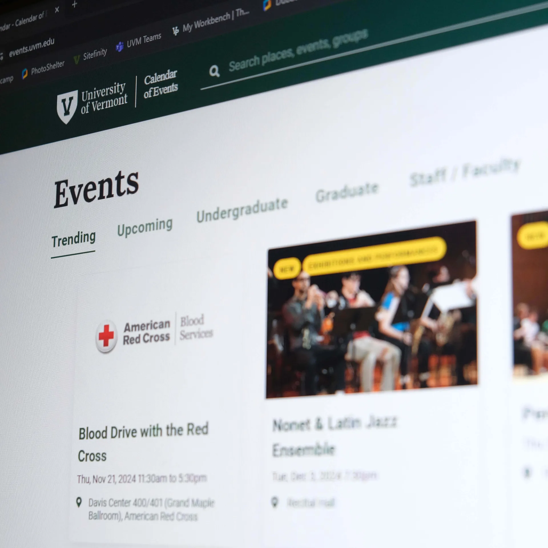 Computer screen with event listings