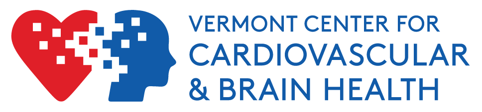 A Word Art graphic featuring the text "Vermont Center For Cardiovascular & Brain Health" alongside the VCCBH logo, which depicts a heart and brain partially blended with scattered pixels.