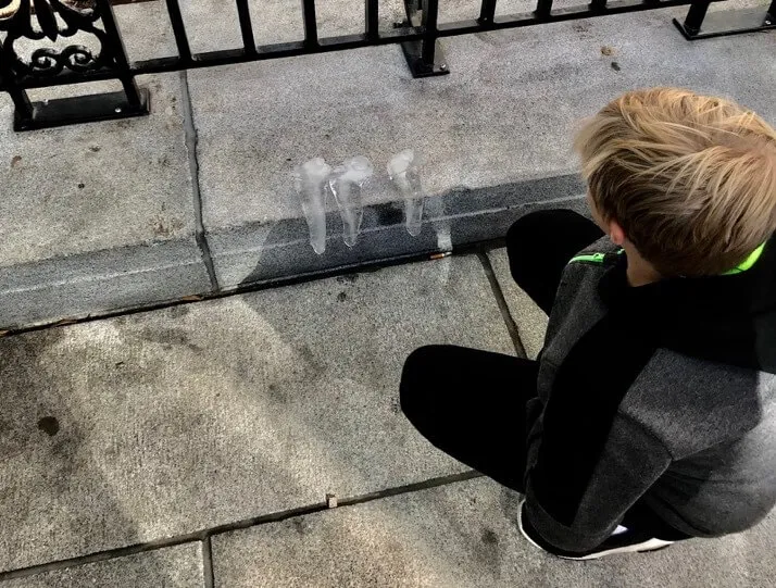 Kid watching ice sculpture