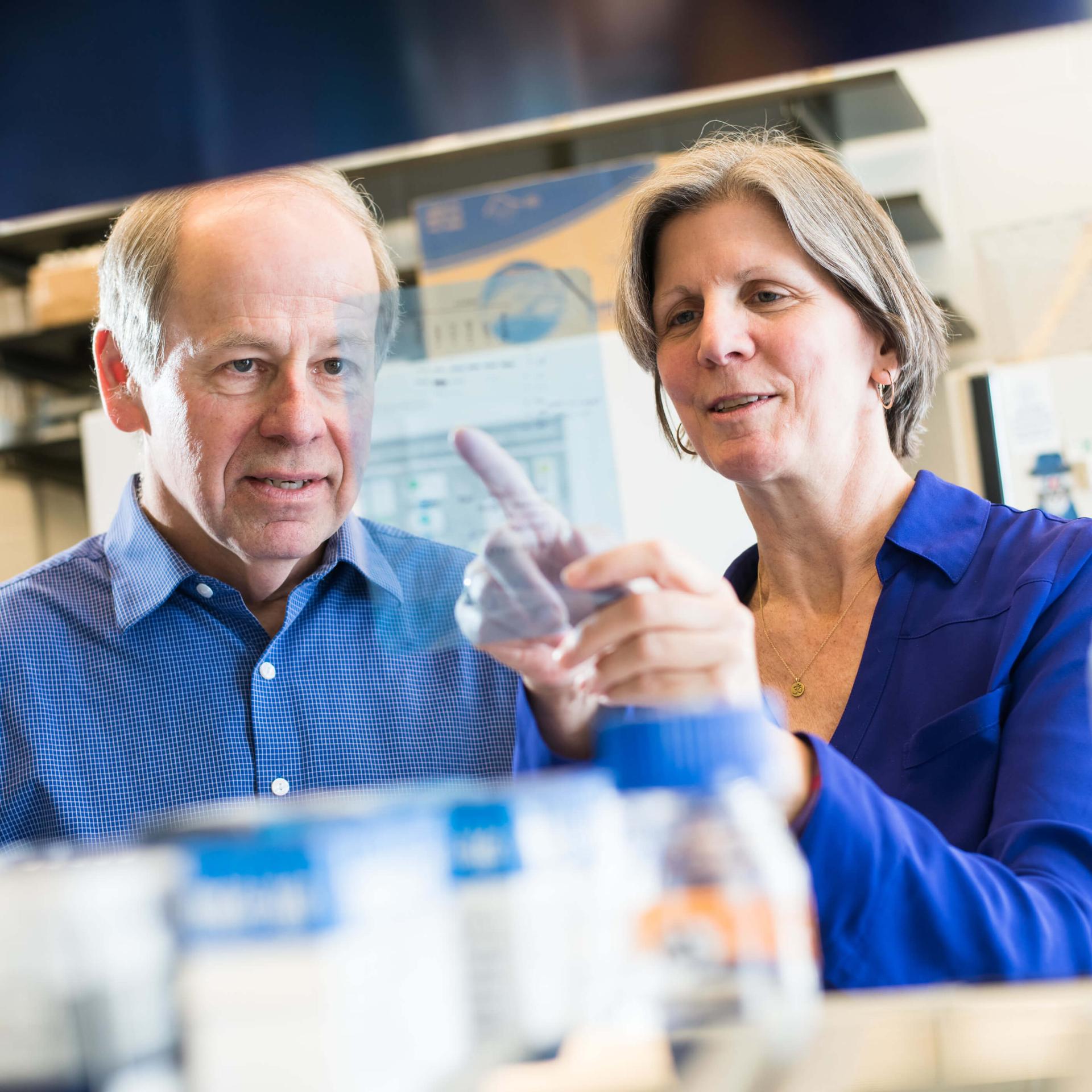 Dr. Budd and a partnering researcher examine data in a lab.