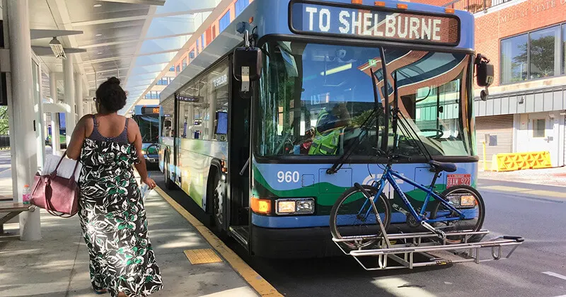 A transit bus waits to depart Burlington