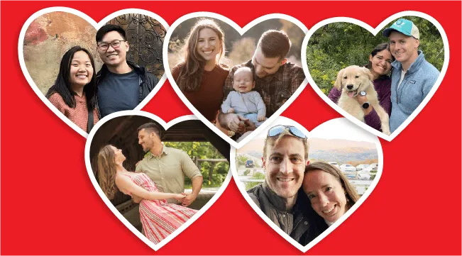5 heart-shaped photos of male + female couples against a red background