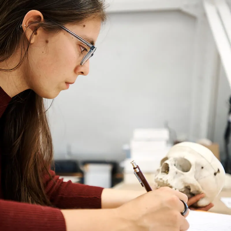 A person writing a note on a sheet of paper while observing a skull