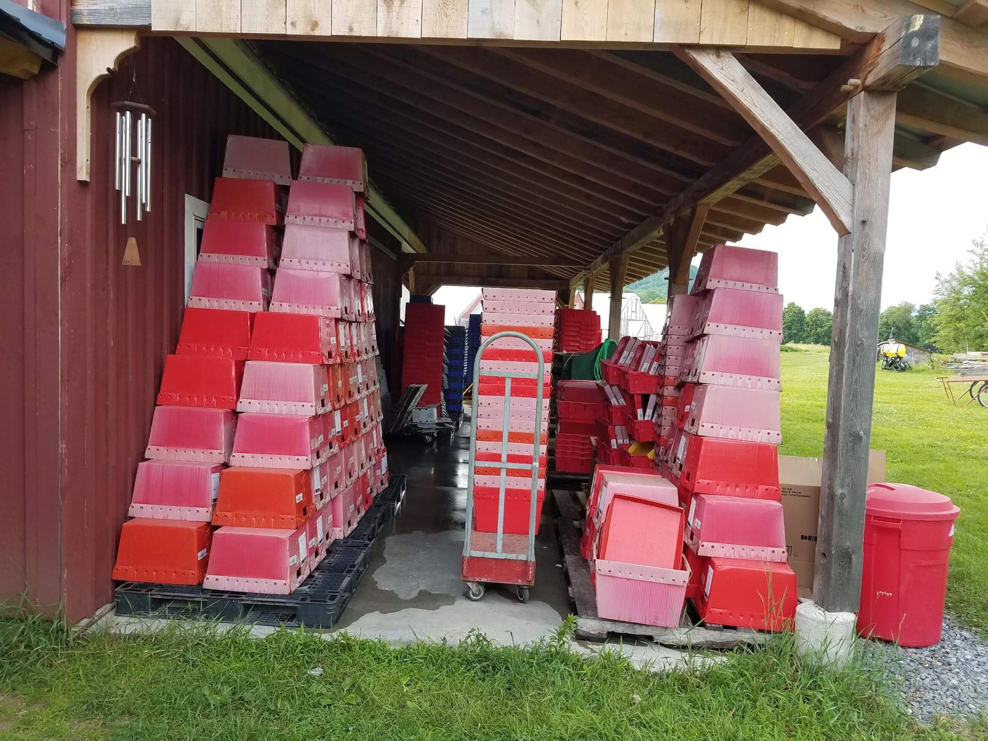 huge collection of stacked plastic bins