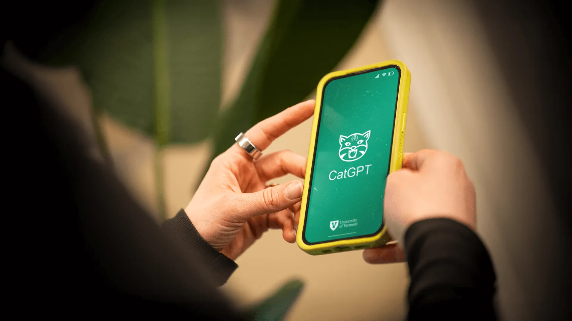 Hands holding phone with CatGPT on the screen