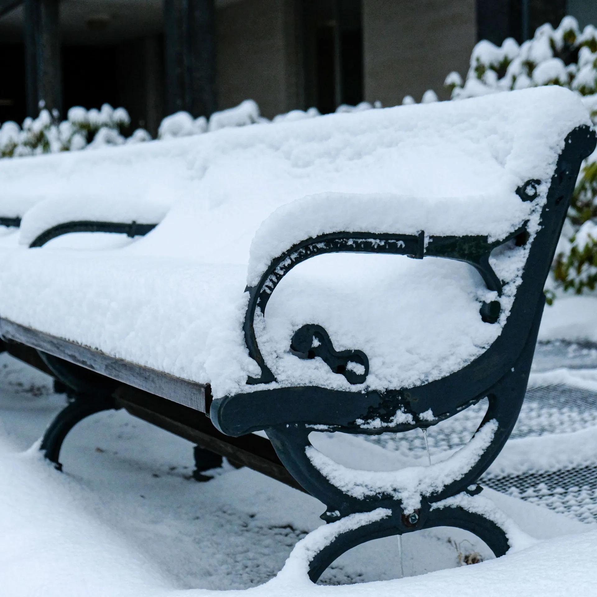 Metal bench covered in snow and ice