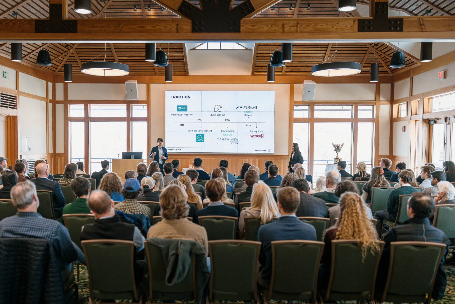 Mason Tuff and Julia Fitzgerald deliver their pitch to the judges' panel and a large audience