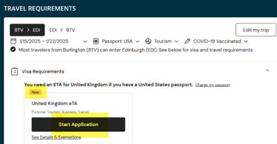 Screenshot of Lightning Portal page with the application for a travel visa to the UK