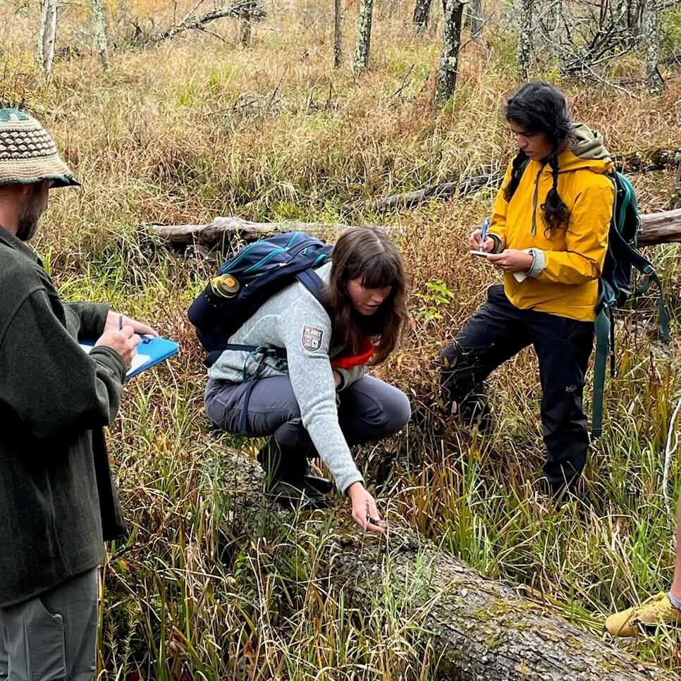 A woman points out wildlife sign on the ground to two students writing notes