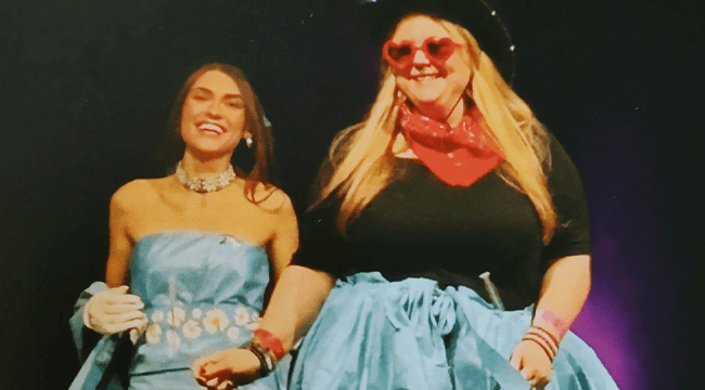 Two women model chemo gown fashions