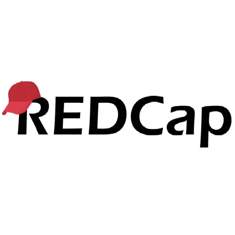 REDCap logo. Black lettering with a red baseballcap on the B.
