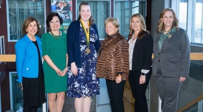 Carole Nagelsmith Greenberg (left), with UVM Interim President Patricia Prelock, Dr. Laura Lewis, Nursing Department Chair Rosemary Dale, CNHS Associate Dean for Faculty Affairs and Research Paula Deming, and Monica Delisa, President and CEO of the UVM Foundation.