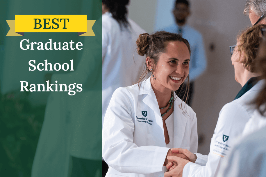 graphic with text "Best Graduate School Rankings" next to people in white coats shaking hands