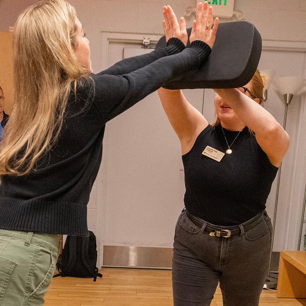 A student doing a double palm heal strike to a pad held by an instructor