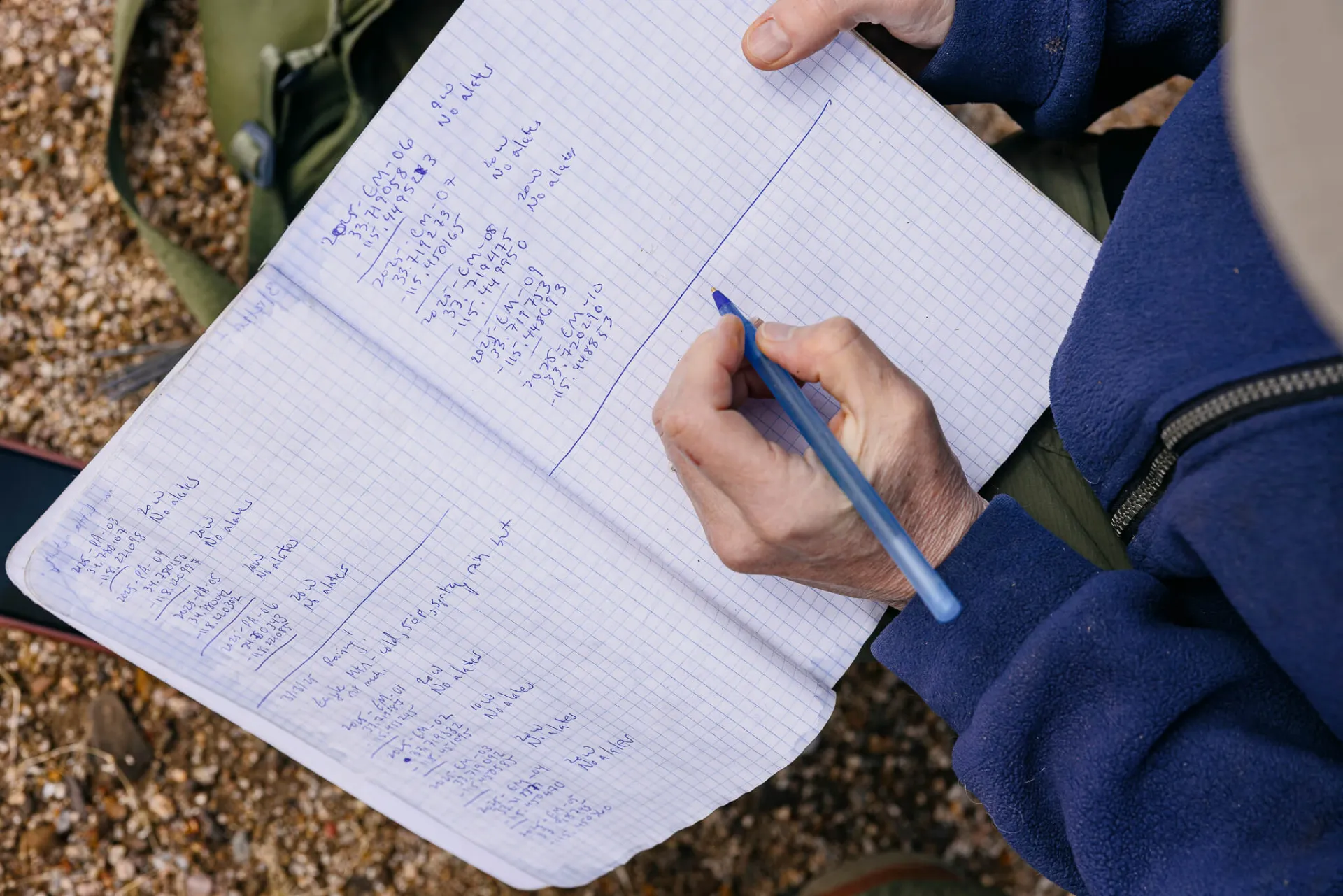 Sara Helms Cahan writes in a notebook with blue pen
