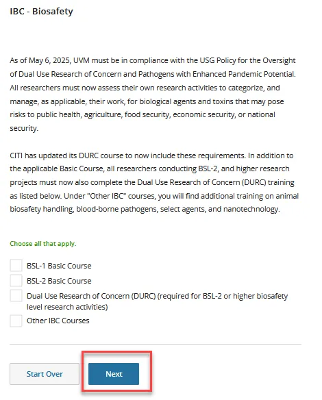 A screenshot detailing IBC CITI Course Offerings